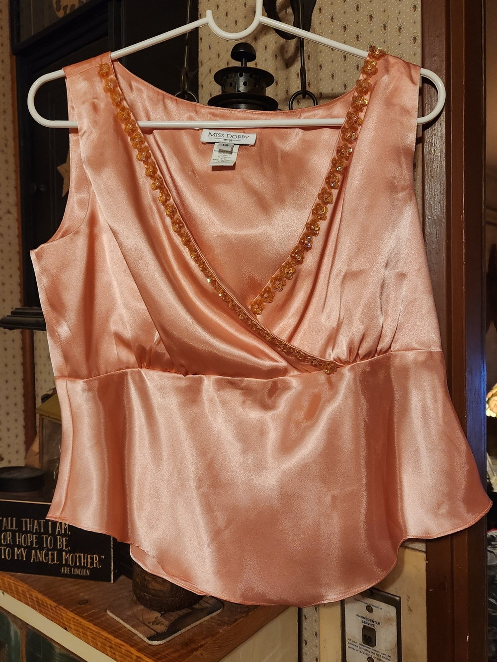 Miss Dorby Peach/ Pink Satin V-Neck Embellished Women's Top.  Y2K SZ 12